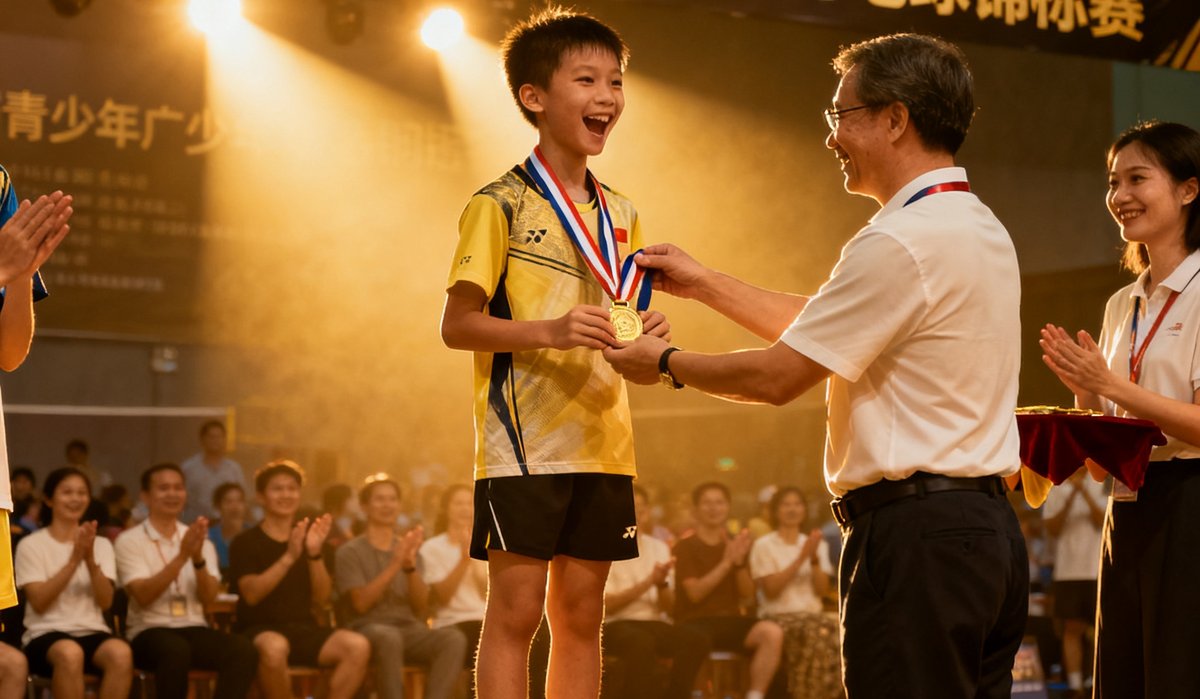 2025年广州市青少年羽毛球锦标赛颁奖现场，必一运动学员站上领奖台接受奖牌